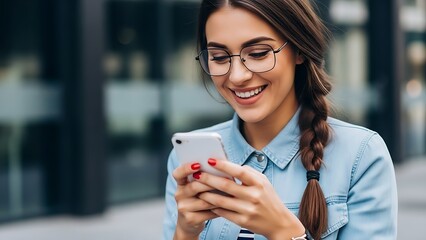 Happy young woman wearing stylish eyeglasses smiles while actively engaging with content on her modern white smartphone outdoors in the city.