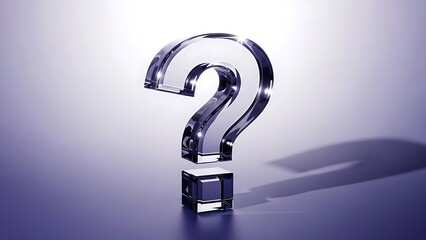 A shimmering, highly polished, translucent glass question mark object stands illuminated against a softly graded purple background, symbolizing inquiry and complexity.