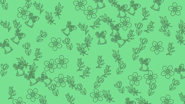 Green background with drawings of flowers, koalas, and leaves. Suitable for naturethemed designs like cards, posters, and social media graphics.