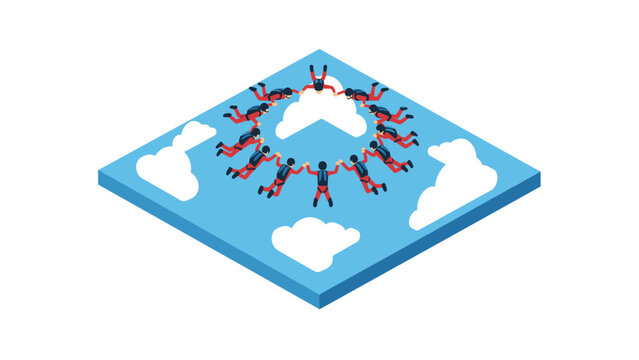 Isometric skydivers forming circle formation against blue sky