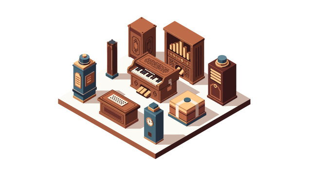 Isometric retro music room with vintage organ and bookshelves