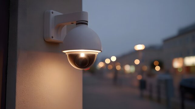 Outdoor surveillance mounted on a wall at dusk