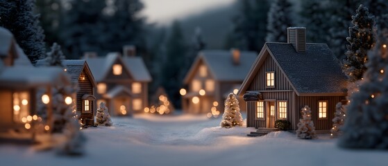 A tranquil village scene, illuminated by the warm glow of house lights during a winter evening, evokes a sense of peace and homeliness.