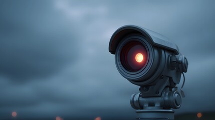 A close up of a security with a glowing red  set against a dark cloudy sky at dusk