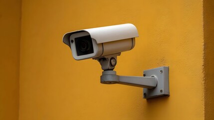 Close up of a white surveillance mounted securely on a textured yellow building wall