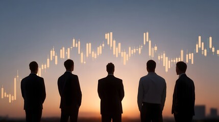 Business professionals watch a financial graph overlaid on a dramatic sunset