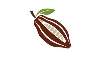 Stylized illustration of a cocoa pod with seeds and a leaf. The colors are earthy