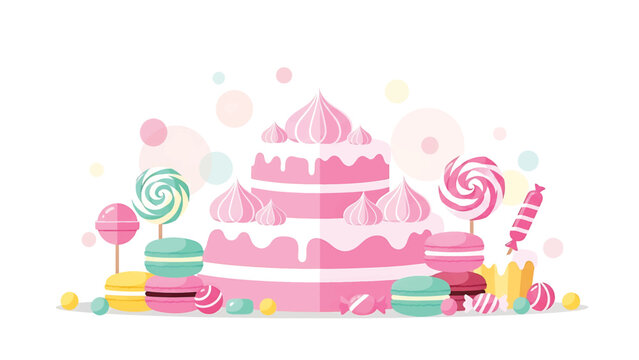 A delightful illustration featuring a tiered cake, colorful candies like lollipops, macarons, and various sweets, creating a sweet and inviting composition