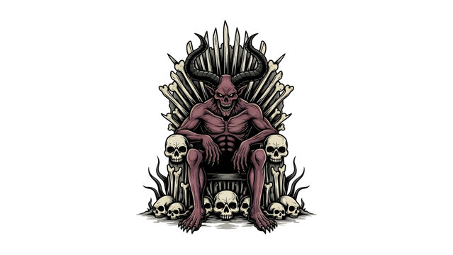 A demonic figure with horns sits on a throne made of bones and skulls. The illustration is a macabre depiction of hell