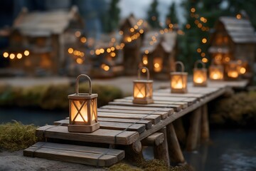 A quaint wooden bridge, adorned with the warm glow of lanterns, leads towards charming miniature houses nestled amidst a serene, blurred backdrop of a festive village.
