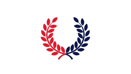 Obraz premium A symmetrical, stylized laurel wreath design, composed of red and blue-black leaves, on a white field