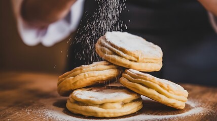 A close up of golden brown pastries being dusted with powdered sugar baking