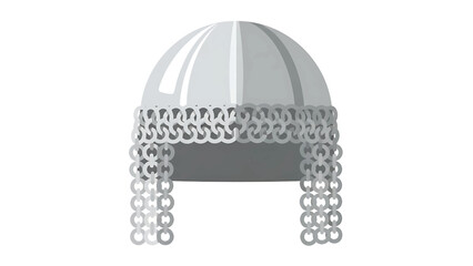A digitally-rendered, stylized illustration of a metal helmet with a rounded top and chainmail face protection. It is grey on a white background