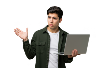 Young man holding laptop with confused expression isolated on transparent background