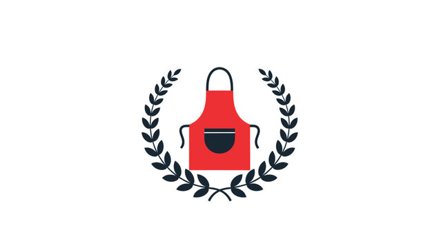 A red apron with a pocket, inside a laurel wreath, on white background