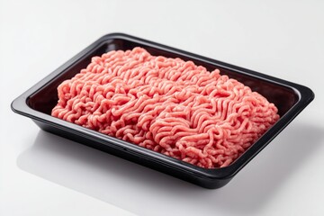 Raw ground beef in a black plastic tray isolated on white. Concept of fresh meat, food supply and grocery retail.