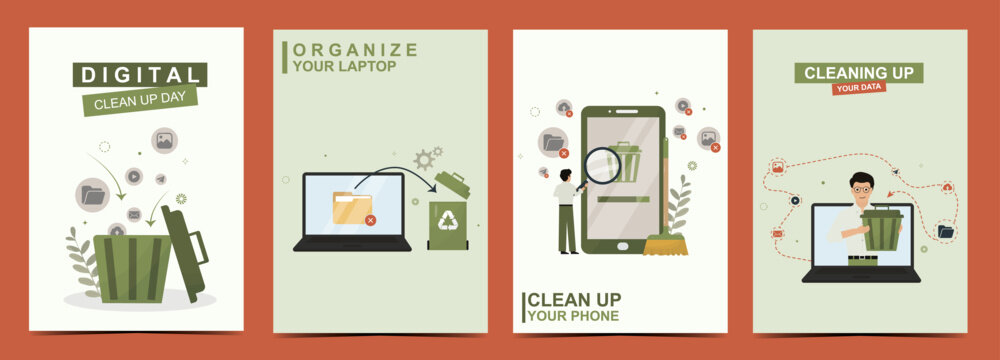 four-panel digital cleanup day posters showing organize laptop, clean up your phone with recycle bins, characters and devices for sustainable data management. Digital cleanup day. Vector illustration