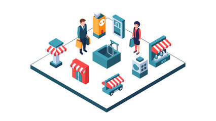 Obraz premium Isometric shopping scene with people and market stalls in 3d design