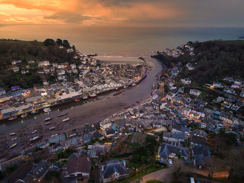 Evening twilight aerial  capture of Looe in Cornwall