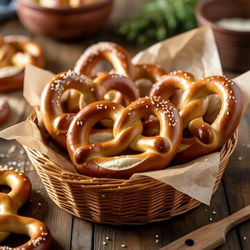Freshly baked pretzels in a wicker basket on a wooden table salt