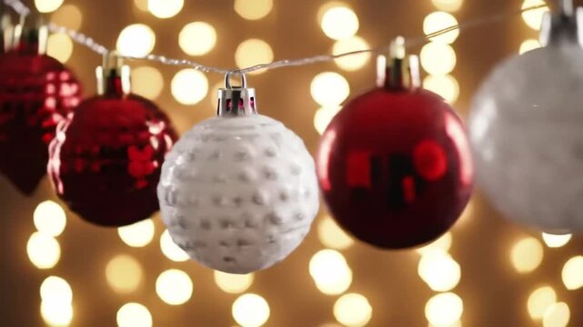 A close-up of a string of red and white Christmas ornaments hanging in front of a blurred background of warm yellow lights