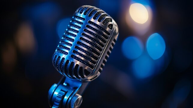 Vintage microphone in a dimly lit venue highlights the atmosphere of live music performance and creative expression - Powered by Adobe