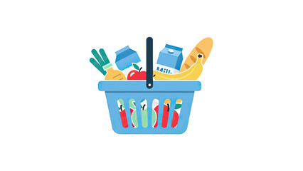 A blue shopping basket filled with groceries milk, bread, apple, banana, and vegetables