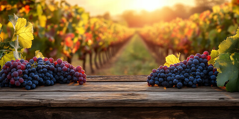 Ripe purple grapes on wooden table with vineyard background glowing under warm morning sunlight, perfect for food advertising, wellness branding, organic product packaging