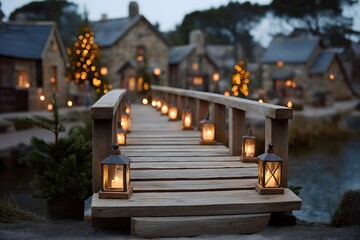 An inviting wooden bridge guides the viewer through a charming village adorned with festive lights and quaint cottages, creating a serene and idyllic holiday scene.