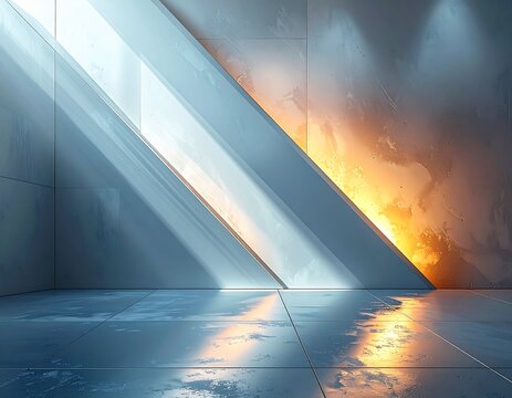 Modern abstract interior with dramatic light beams and orange glow - Powered by Adobe