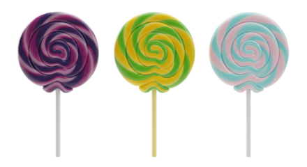 Three large, glossy swirl lollipops in berry (purple, blue), tropical (green, yellow), and cotton candy (pink, blue) flavors, standing on sticks against a transparent studio background with copy
