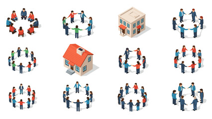 Fototapeta premium Isometric group collaboration and community meeting with buildings and people in circles