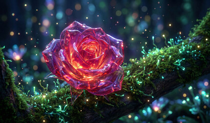Magical Glowing Ruby Crystal Rose Flower in Dark Fantasy Forest with Bokeh Light