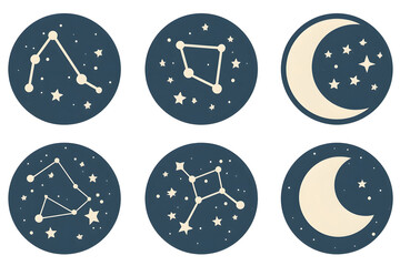 A collection of celestial icons featuring constellations and crescent moons on a starry night sky background