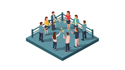 Isometric celebration with friends holding sparklers in a social gathering