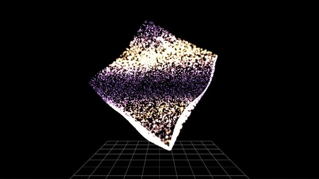 Abstract 3D motion of glowing gold and purple particles forming a morphing cube shape on a dark background.