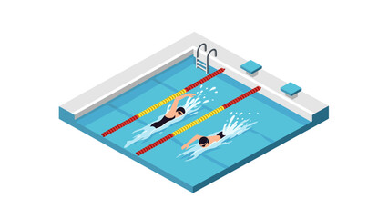 Isometric swimming competition in pool with racing lanes and swimming athletes