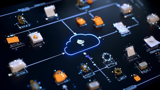 Cyber security startup strategy concept. Digital cloud network with interconnected data and security icons.