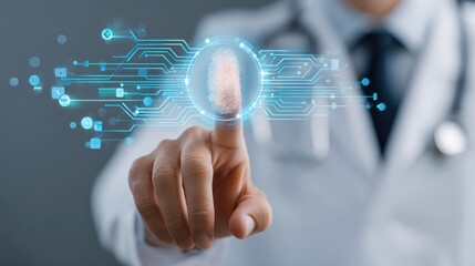 A doctor in a white coat interacts with a futuristic digital interface with their finger.