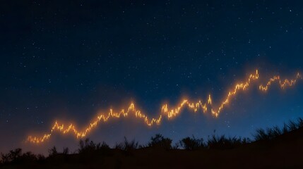 A luminous fluctuating financial chart glows with fiery energy against a dark star filled night sky symbolizing market volatility and growth