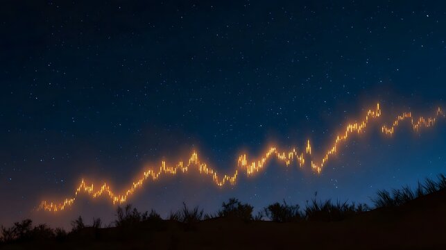 A luminous fluctuating financial chart glows with fiery energy against a dark star filled night sky symbolizing market volatility and growth - Powered by Adobe