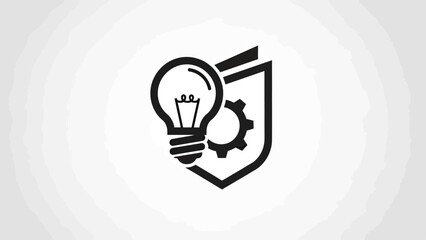 A black and white graphic lightbulb, cogwheel, and shield © gudangPIXEL