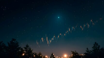 Fototapeta premium A candlestick chart ascends towards a bright star in a starry night sky seen above city lights and silhouetted trees