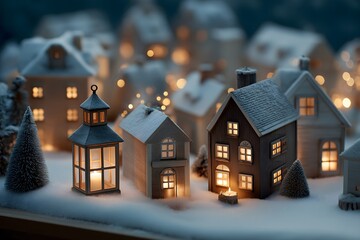 Miniature houses aglow with warm light nestle in a softly illuminated snowy landscape, exuding the serene charm of a cozy, winter night. Capturing the season's magic with the inviting glow.