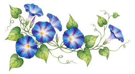 Blue morning glory flowers with green leaves on black background blue flowers vine