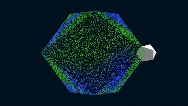 Abstract 3D animation of a rotating polyhedral wireframe filled with colorful particles as a solid white geometric shape orbits and intersects.