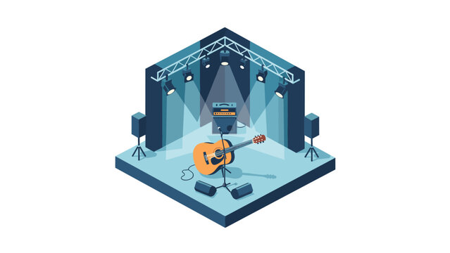 Isometric music stage with acoustic guitar and amplifier in spotlight setting - Powered by Adobe