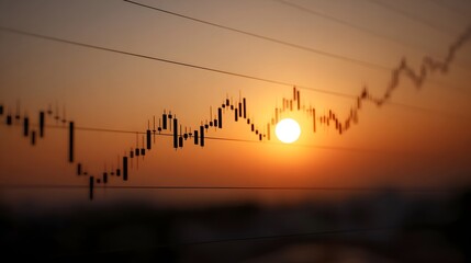 A financial candlestick chart is overlaid on a vibrant sunset symbolizing market growth and opport