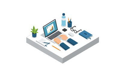 Fototapeta premium Isometric workspace with laptop, office supplies, and indoor plant for productive home office setup