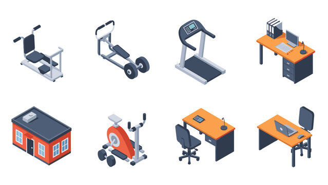 Isometric office and gym equipment collection with modern design elements